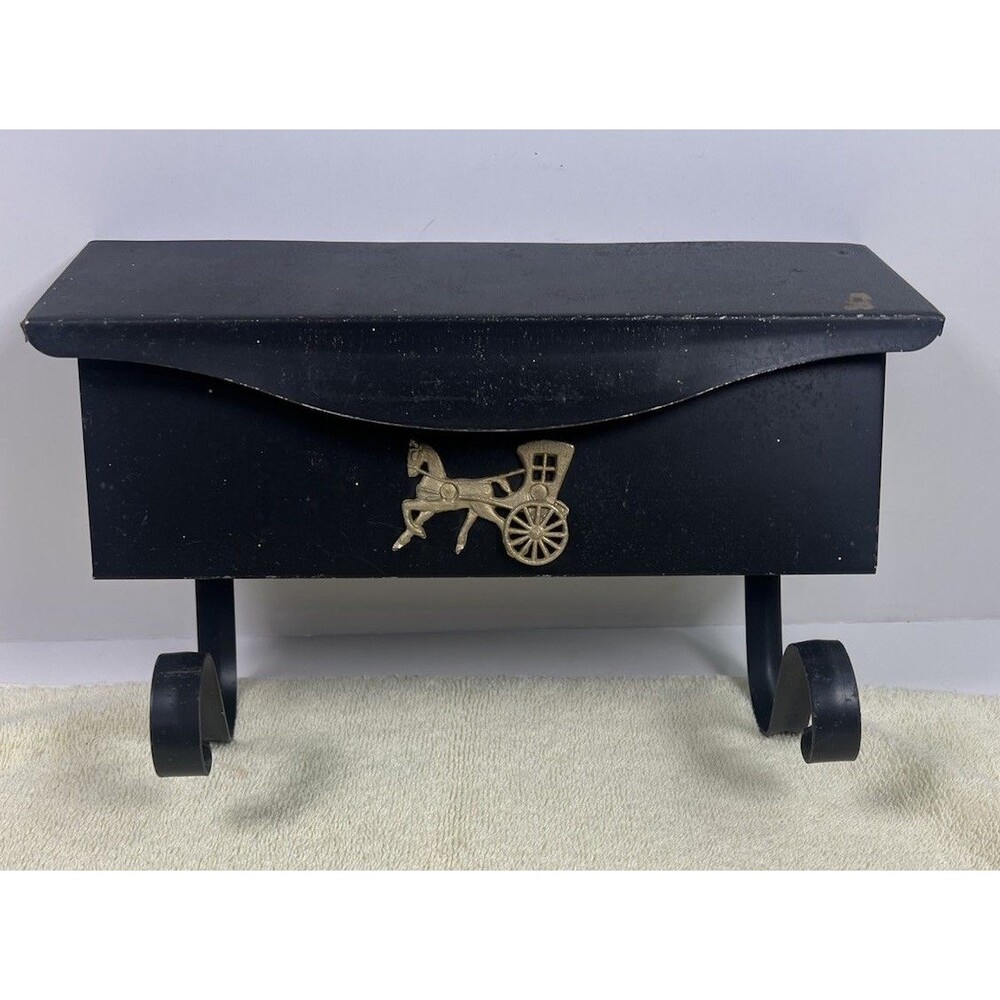 Vintage Metal Wall Mount Mailbox Newspaper Hinged Horse Buggy Emblem Nostalgic